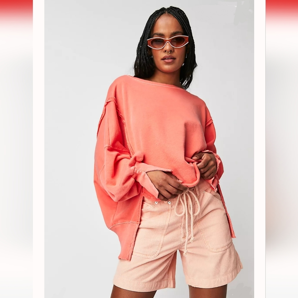 NWT FREE PEOPLE Coral Bright Orange CAMDEN PULLOVER Sweatshirt We The Free